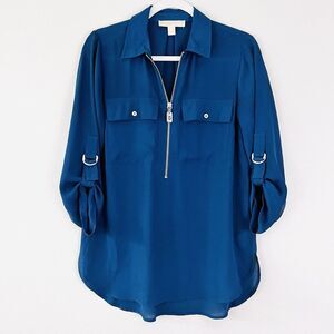 Michael Kors Navy Blue Sheer Chiffon Roll Tab Sleeve Breezy Blouse Size Small